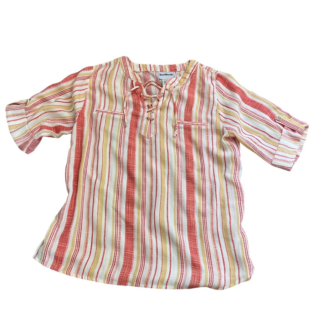 BonWorth Striped Lace Up Tunic Top Red Orange Yellow Short Sleeve‎ Petite XSP